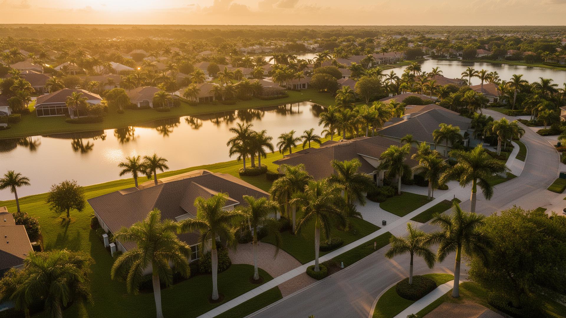 Aerial view of a Rockledge, Florida neighborhood at sunset